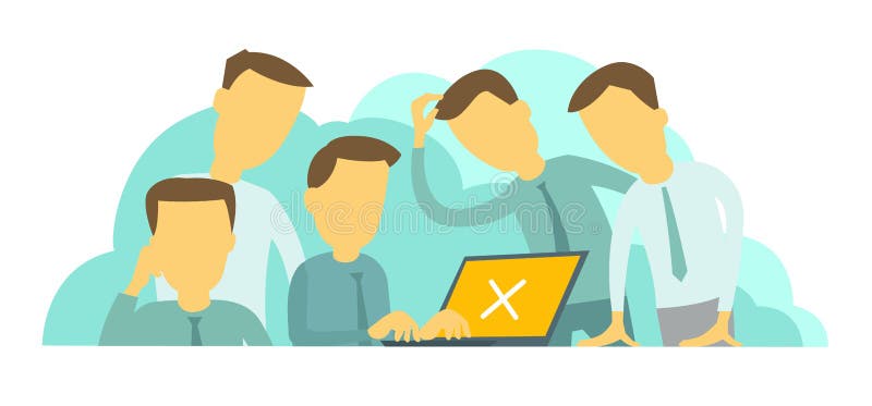 Systeemfout in laptop Moeilijke situatie op het werk Bedrijf van vijf mensengroepswerk vector illustratie Systeemfout in laptop Moeilijke situatie op het werk Bedrijf van vijf mensengroepswerk vector illustratie