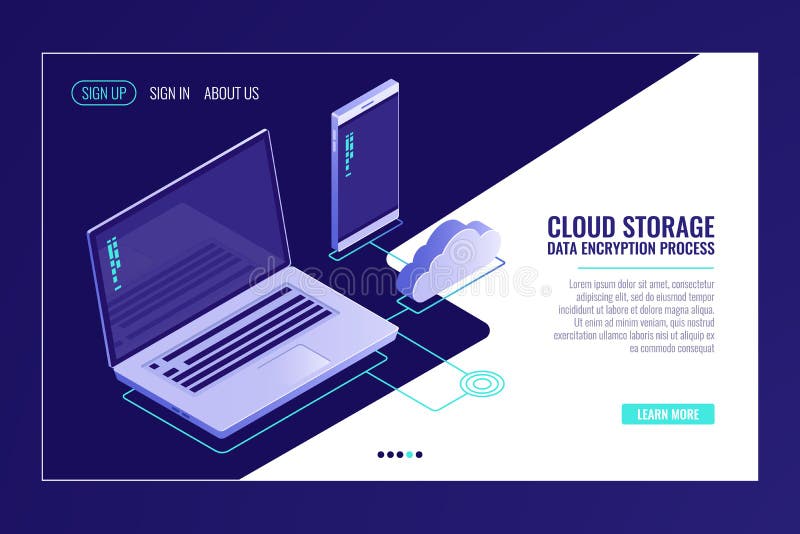 System of cloid file storaging, laptop with smartphone, uploading data on remote server room, backuping isometric vector royalty free illustration