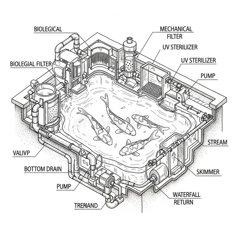 System components illustrating water flow and function in maintaining vector illustration