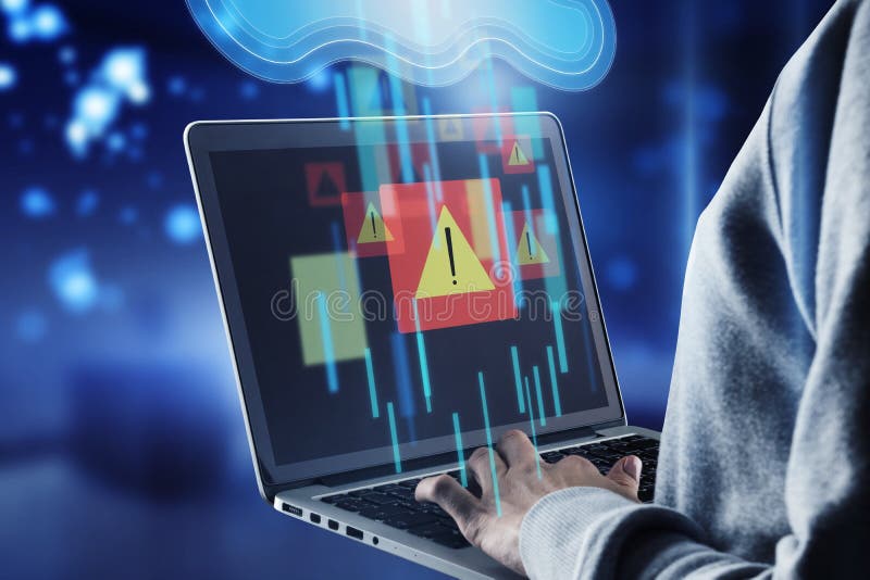System error and warning system concept with perspective view on human hand typing on laptop and virtual data cloud network royalty free stock images