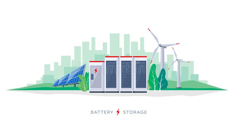Vector illustration of large rechargeable lithium-ion battery energy storage station and renewable electric power station with solar panels and wind turbines. Backup power energy storage system. Vector illustration of large rechargeable lithium-ion battery energy storage station and renewable electric power station with solar panels and wind turbines. Backup power energy storage system