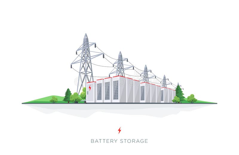 Large rechargeable battery energy storage from renewable electric power generation. Backup system with high voltage electricity power transmission on white background. Large rechargeable battery energy storage from renewable electric power generation. Backup system with high voltage electricity power transmission on white background