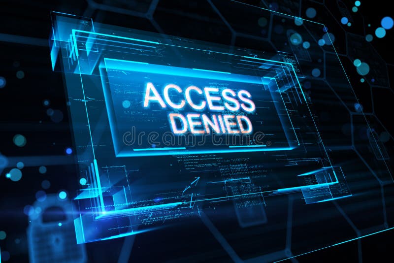 System refuses password, error with white access denied digital sign in virtual blue glowing frame on abstract background. 3D stock illustration