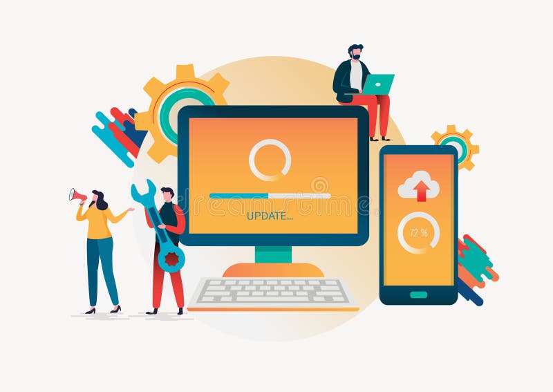 System update. People update operation. Computing, installation program. Flat vector illustration modern character design. vector illustration