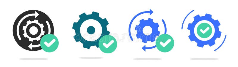System update upgrade gear check mark icon simple vector graphic illustration set, software maintenance repair cog wheel rotating vector illustration