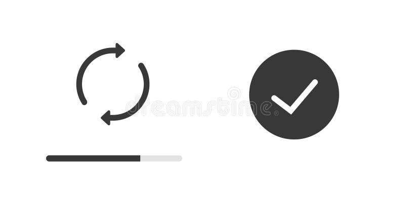 System update upgrade progress bar icon vector simple modern graphic, finished software loading check mark symbol sign pictogram, ui app settings maintenance process image clip art set