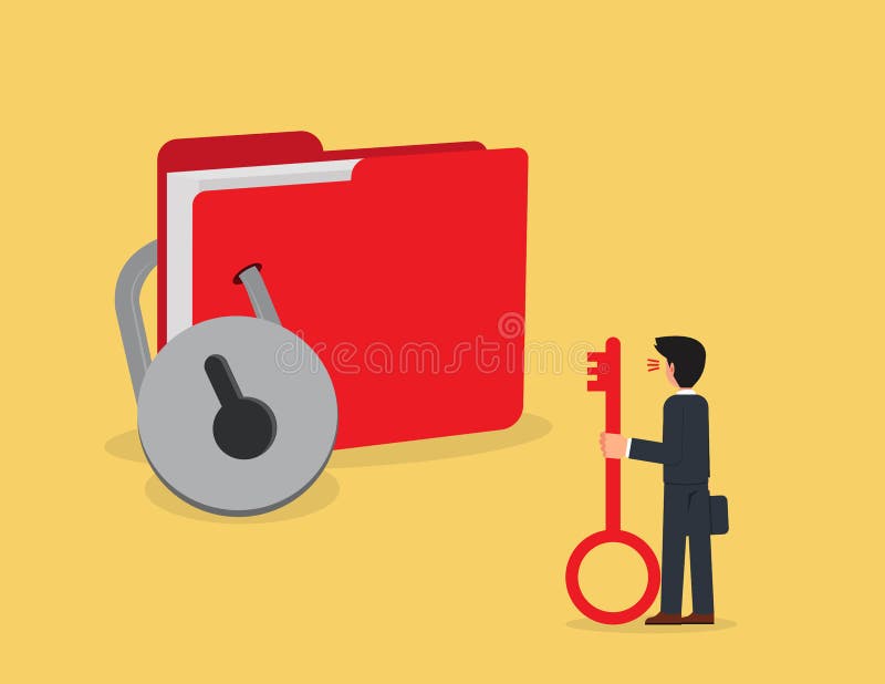 System zabezpieczeń. biznesmen trzymający blokadę patrzący na zablokowany folder ilustracja wektor