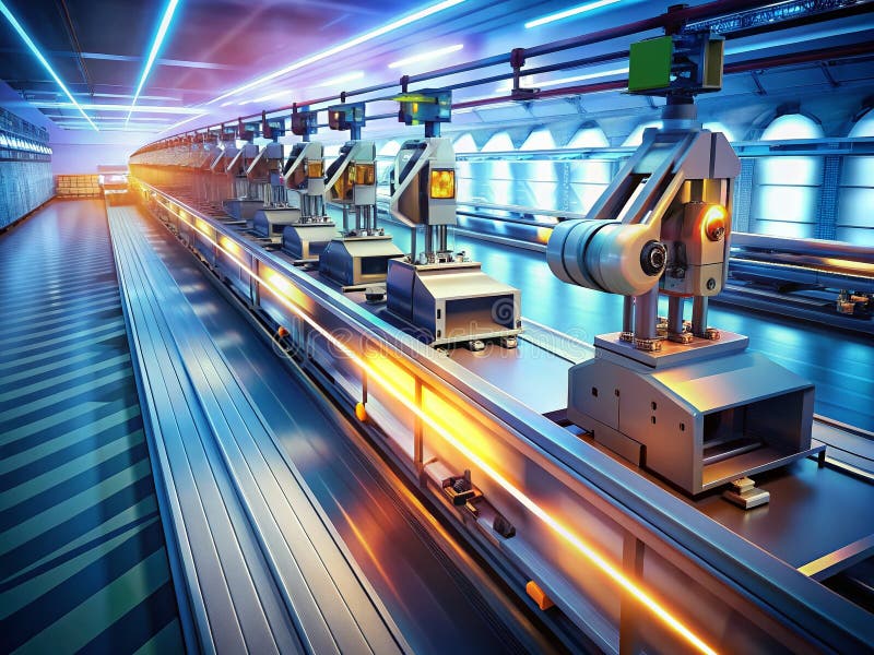 Système automatisé d'emballage de vêtements haute vitesse Une ligne de courroie de transport robotique pour une manipulation et un illustration de vecteur
