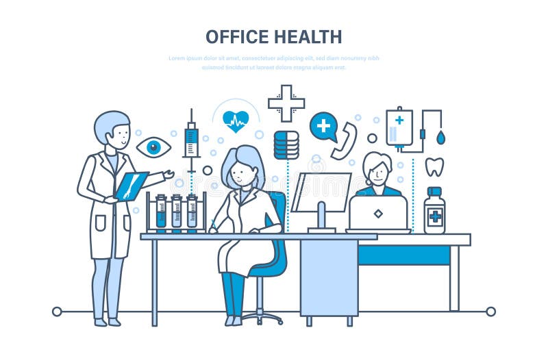 Système de santé, santé de bureau, atmosphère de fonctionnement et santé des employés illustration libre de droits Système de santé, santé de bureau, atmosphère de fonctionnement et santé des employés illustration libre de droits