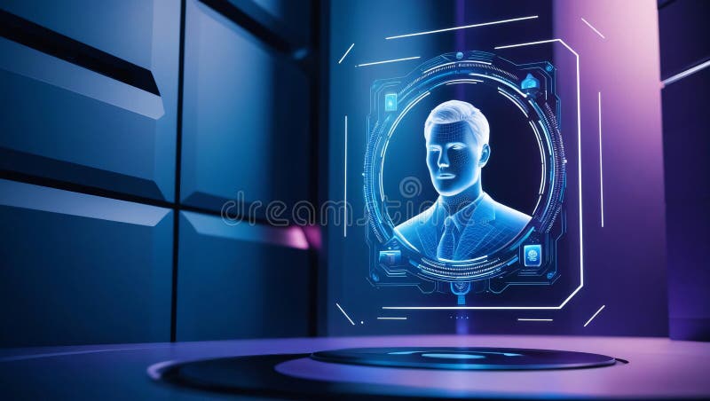 Système de surveillance de haute technologie avec reconnaissance holographique d'images dans des tons sombres et futuristes mettan illustration de vecteur