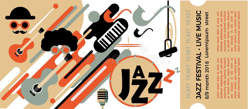 Szablon dla bileta festiwal jazzowy z instrumentami muzycznymi Ilustracja z saksofonem, pianino gitara i klucze i colo ilustracji Szablon dla bileta festiwal jazzowy z instrumentami muzycznymi Ilustracja z saksofonem, pianino gitara i klucze i colo ilustracji