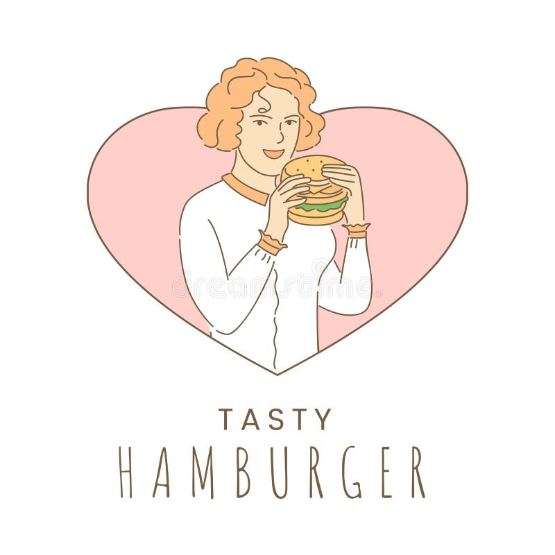 Szablon projektu baneru smacznego hamburgera. kobieta jedząca fast food rysunek ilustracja. ilustracja wektor