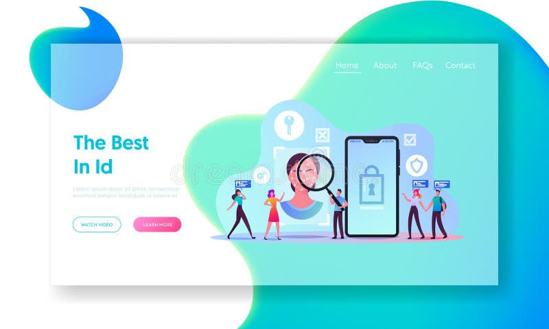 Szablon strony docelowej technologii rozpoznawania twarzy. małe znaki skanujące identyfikator twarzy na smartfonie. identyfikacja osoby poprzez system weryfikacji. ilustracja wektorowa