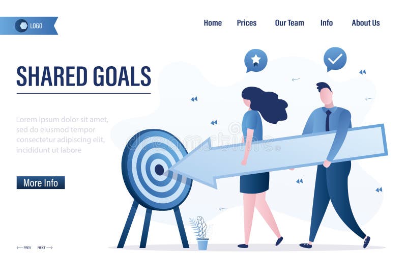 Shared goals, landing page template. Business people holds big arrow and aim at target. Effective team develop successful project. Cooperation, company strategy, teamwork. Flat vector illustration. Shared goals, landing page template. Business people holds big arrow and aim at target. Effective team develop successful project. Cooperation, company strategy, teamwork. Flat vector illustration