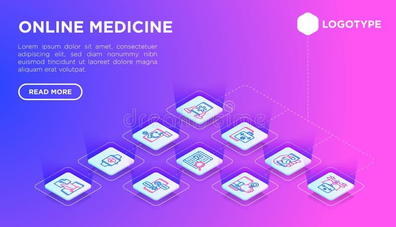 Szablon strony internetowej dotyczącej medycyny internetowej z cienkowarstwowymi ikonami izometrycznymi : pill timer ambulans on-l ilustracja wektor