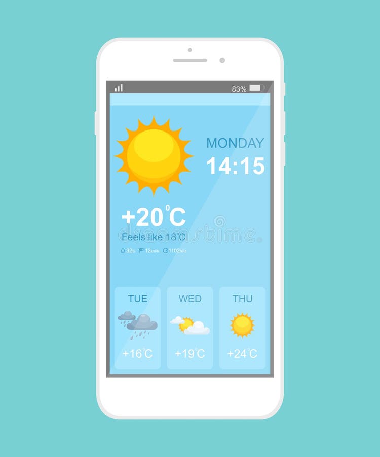 Szablon wektora aplikacji smartphone prognozy pogody Niebieski interfejs strony aplikacji mobilnej Stan pogodowy słoneczny, deszc