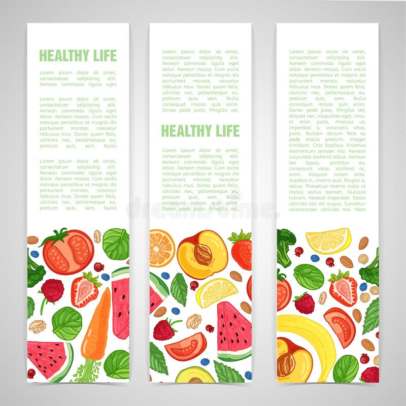 Szablonu projekta pionowo sztandar z wystrojem owoc Horyzontalny wzór naturalni foods, owoc, warzywa i ilustracji Szablonu projekta pionowo sztandar z wystrojem owoc Horyzontalny wzór naturalni foods, owoc, warzywa i ilustracji