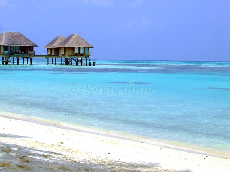 Tropical chalets suspended over bright blue ocean water on a tropical island. Tropical chalets suspended over bright blue ocean water on a tropical island.