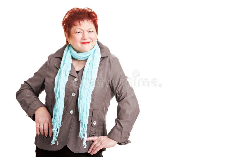 Smiling overweight woman posing with a scarf. Smiling overweight woman posing with a scarf