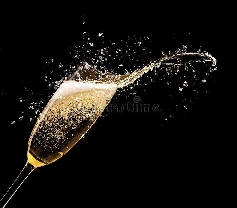 Glass of champagne with splash, isolated on black background. Glass of champagne with splash, isolated on black background