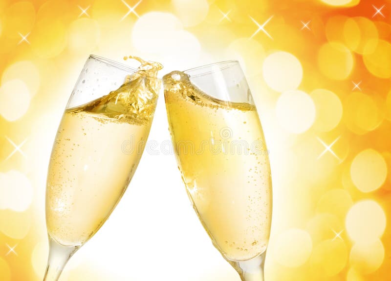 Two champagne glass in yellow abstract background with white circles. Two champagne glass in yellow abstract background with white circles