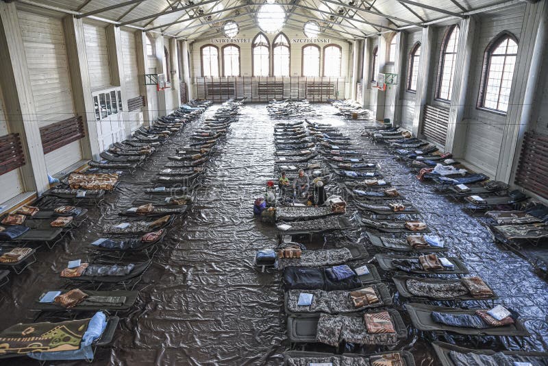 Szczecin, Poland, 7 march 2022:  Temporary shelter for refugees from Ukraine as a result of Russia`s attack on Ukraine