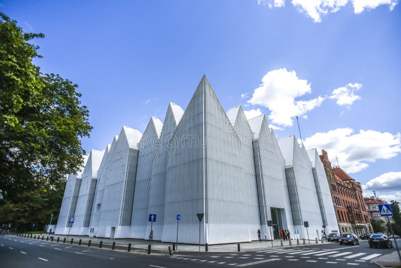 Szczecin, Poland, July 17, 2017: Facade of Philharmonic Hall in Szczecin, the most modern building in Szczecin. Szczecin, Poland, July 17, 2017: Facade of Philharmonic Hall in Szczecin, the most modern building in Szczecin.