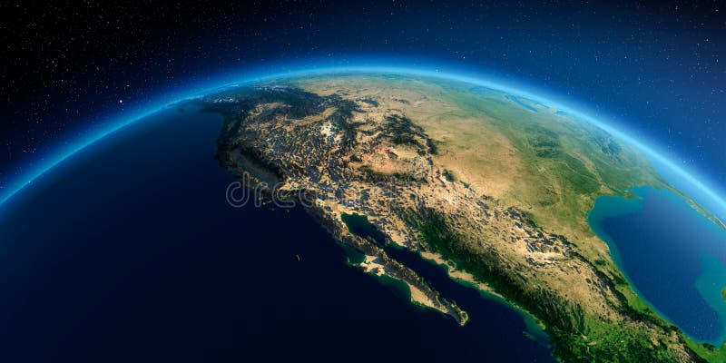 Highly detailed planet Earth in the morning. Exaggerated precise relief lit morning sun. Gulf of California, Mexico and the western U.S. states. 3D rendering. Elements of this image furnished by NASA. Highly detailed planet Earth in the morning. Exaggerated precise relief lit morning sun. Gulf of California, Mexico and the western U.S. states. 3D rendering. Elements of this image furnished by NASA