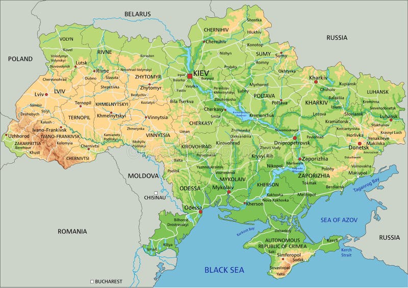 Szczegółowa Mapa Fizyczna Ukrainy Z Etykietowaniem. Ilustracja Wektor