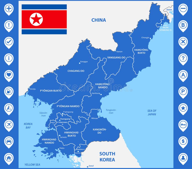 Szczegółowa mapa Północny Korea z regionami, stany lub miasta, kapitał Zawierać część Chiny, Rosja, Południowy Korea ilustracja wektor Szczegółowa mapa Północny Korea z regionami, stany lub miasta, kapitał Zawierać część Chiny, Rosja, Południowy Korea ilustracja wektor