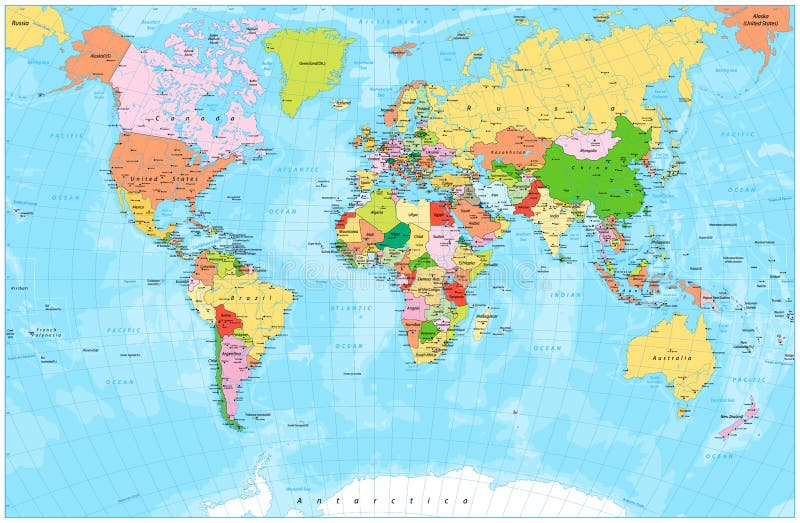 Szczegółowa polityczna światowa mapa z capitals, rzekami i jeziorami
