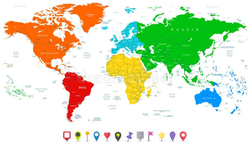 Detailed vector World map with colorful continents and flat map pointers. Detailed vector World map with colorful continents and flat map pointers.