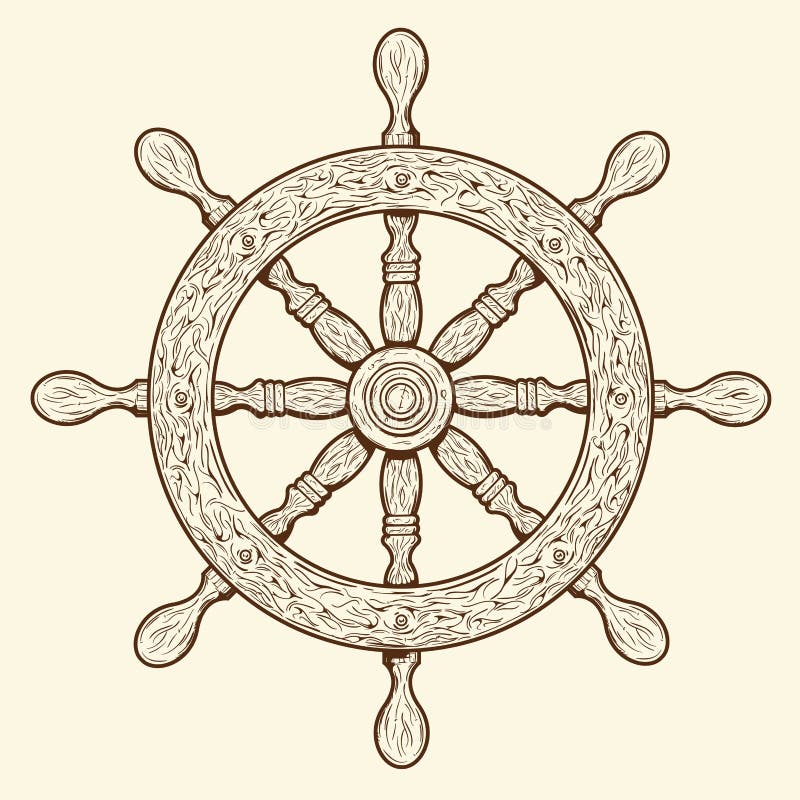 Szczegółowy brąz zarysowywa nautycznego rudder odizolowywającego na beżowym tle. Statku element. Wektorowa ilustracja.