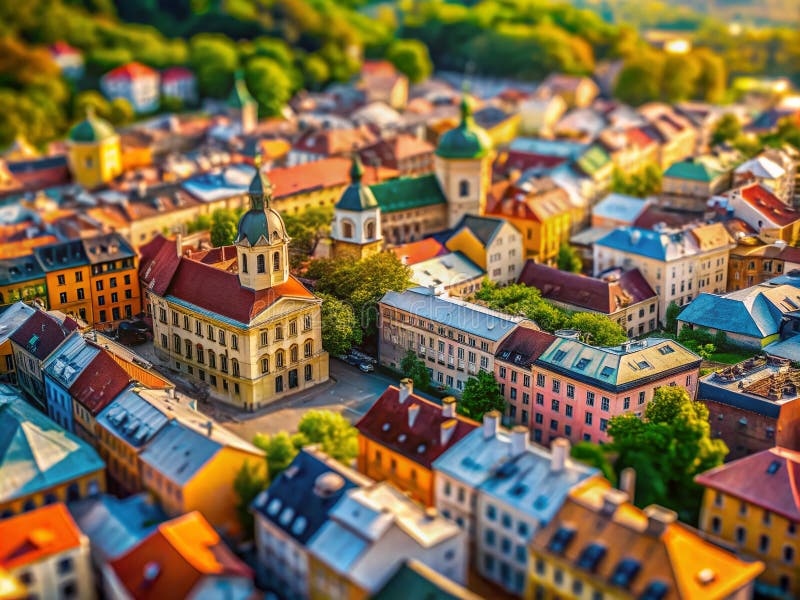 Szczegółowy Miniaturowy Pejzaż Miejski: Oszałamiająca Perspektywa Tilt-Shift Miasta Modelu Diecast Idealna na Tła i Plakaty ilustracji