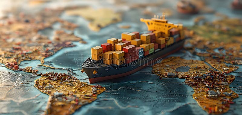 Szczegółowy model statku poruszającego się po dynamicznej mapie świata symbolizującej globalny royalty ilustracja