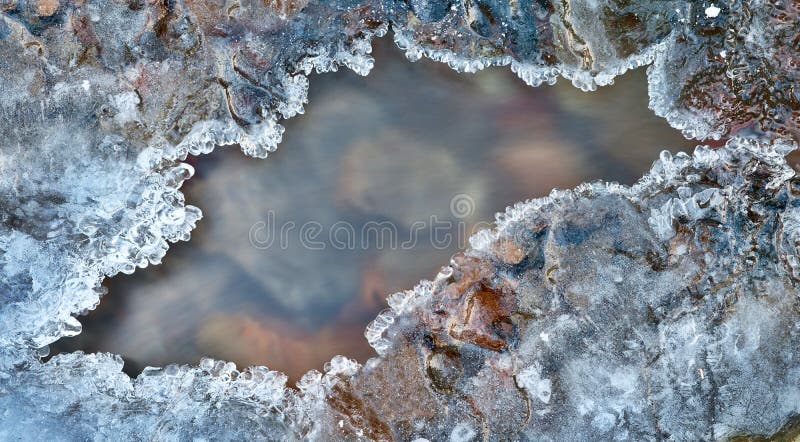 Ice frame window in frozen river with nice ice crystals nature abstract background with copy space, winter abstract detail streaming cold water small icicles. Ice frame window in frozen river with nice ice crystals nature abstract background with copy space, winter abstract detail streaming cold water small icicles