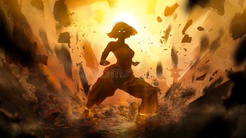 Szczupła dziewczyna kung fu mistrz władający siłą elementów ziemi w niskiej pozycji bojowej mabu jest przytłoczona przez ilustracja wektor