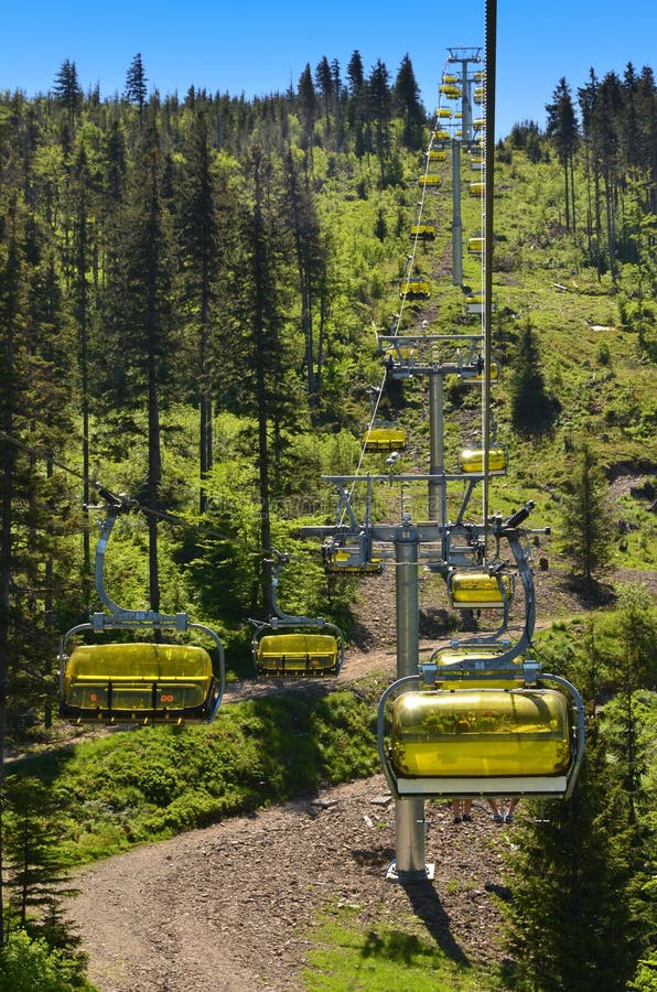 SZCZYRK, POLAND - JUNE 6 -Yellow cable car on skrzyczne mountain in poland