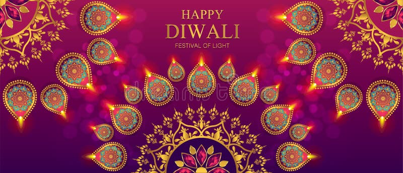 Happy Diwali festival card with gold diya patterned and crystals on paper color Background. Happy Diwali festival card with gold diya patterned and crystals on paper color Background.