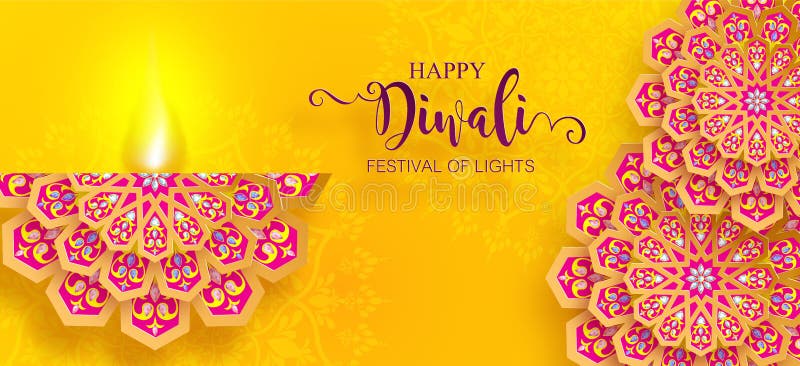 Happy Diwali festival card with gold diya patterned and crystals on paper color Background. Happy Diwali festival card with gold diya patterned and crystals on paper color Background.