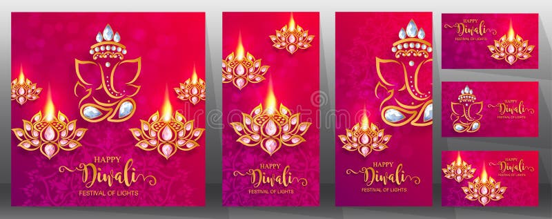 Happy Diwali festival card with gold diya patterned and crystals on paper color Background. Happy Diwali festival card with gold diya patterned and crystals on paper color Background.