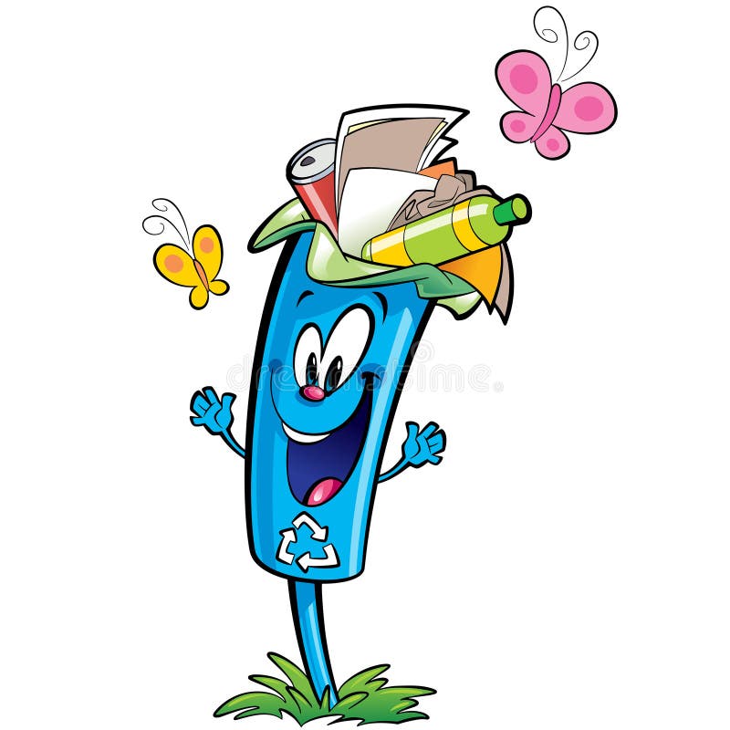 Happy cartoon smiling recycle garbage bin character . Reuse and ecycling plastic glass and paper garbage concept. Happy cartoon smiling recycle garbage bin character . Reuse and ecycling plastic glass and paper garbage concept