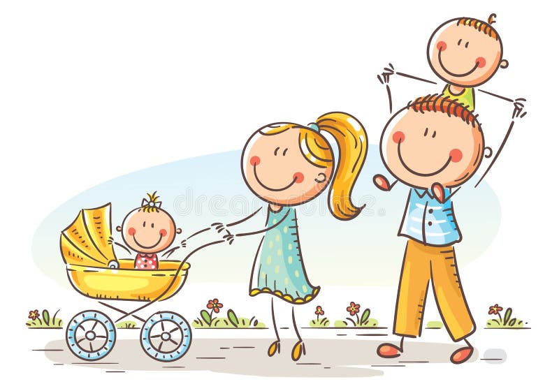 Szczęśliwa kreskówki rodzina z dwa dziećmi chodzi outdoors royalty ilustracja