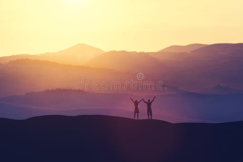 Happy man and woman standing on a hill, raising their hands. Winning and freedom concept. 3D illustration. Happy man and woman standing on a hill, raising their hands. Winning and freedom concept. 3D illustration.