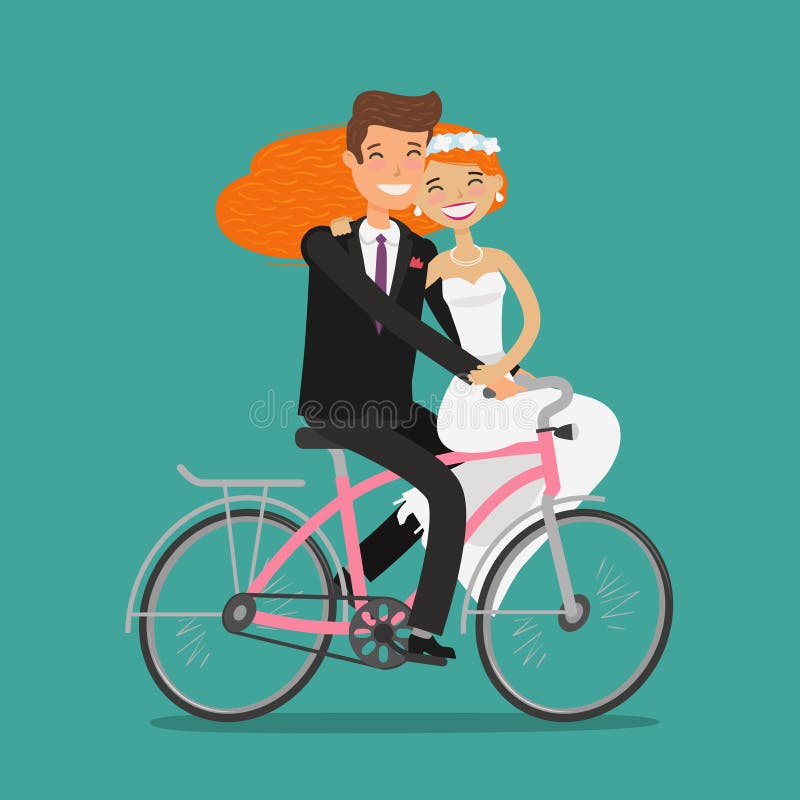 Szczęśliwa para lub nowożeńcy Państwo młodzi przejażdżki bicykl poślubiający, wektorowa ilustracja ilustracji Szczęśliwa para lub nowożeńcy Państwo młodzi przejażdżki bicykl poślubiający, wektorowa ilustracja ilustracji