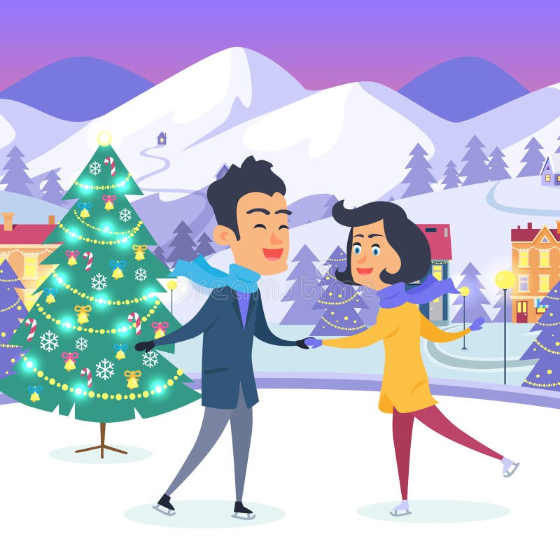 Szczęśliwa para z mienie rękami na Miastowym Icerink ilustracja wektor Szczęśliwa para z mienie rękami na Miastowym Icerink ilustracja wektor