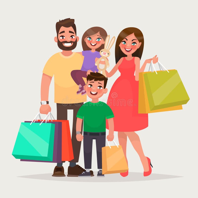 Happy family is shopping. Father, mother and children with packages and purchases. Vector illustration of a cartoon style. Happy family is shopping. Father, mother and children with packages and purchases. Vector illustration of a cartoon style