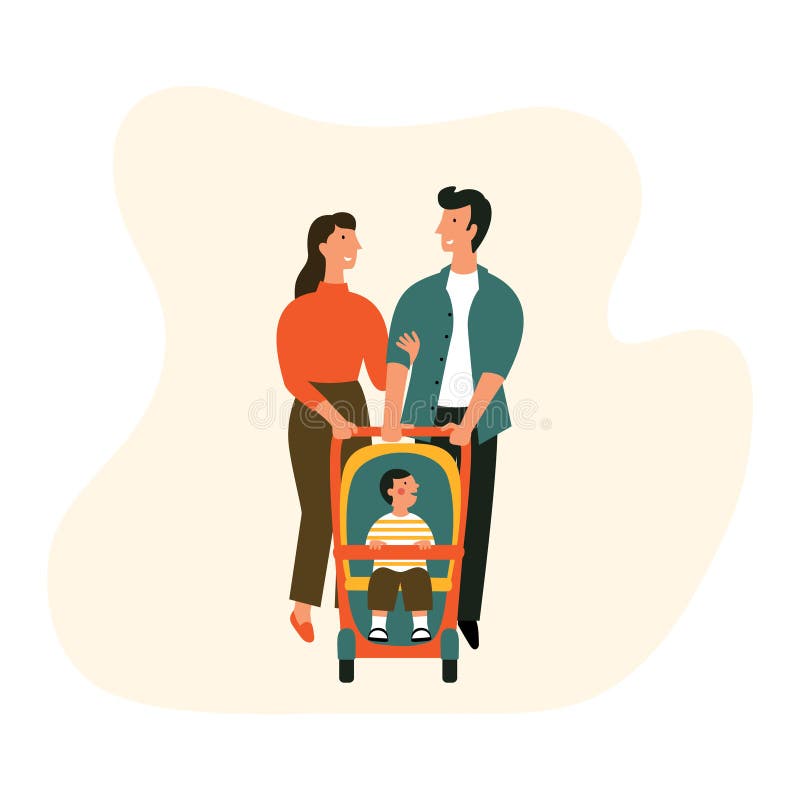 Szczęśliwa rodzina z wózkiem spacerowym Mężczyzna, kobieta i dziecko na spacerze, Wektorowa kresk?wki mieszkania ilustracja royalty ilustracja Szczęśliwa rodzina z wózkiem spacerowym Mężczyzna, kobieta i dziecko na spacerze, Wektorowa kresk?wki mieszkania ilustracja royalty ilustracja