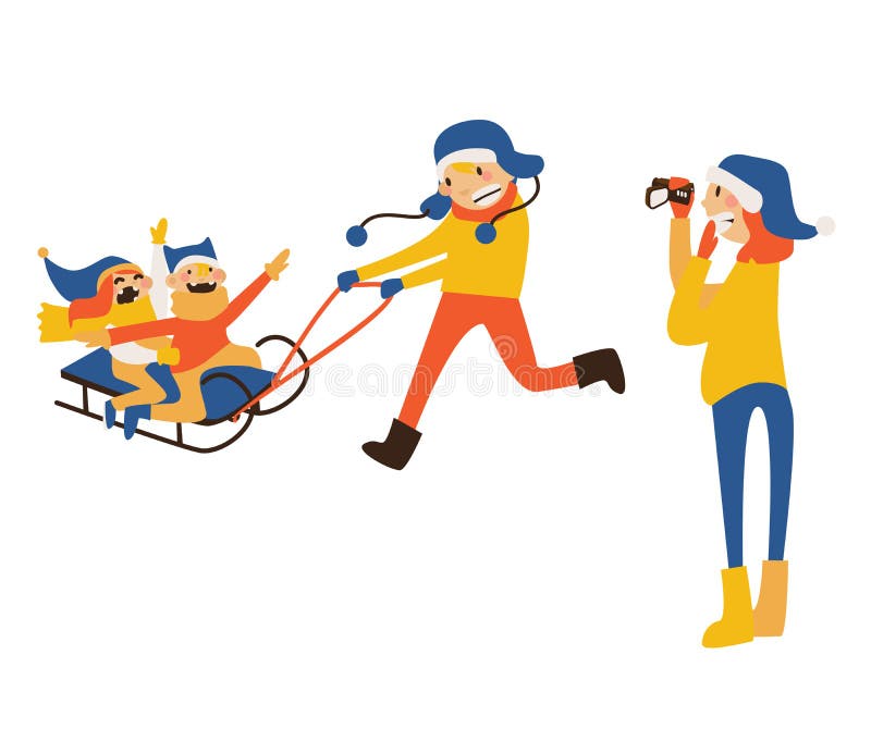 Szczęśliwa rodzinna ilustracja z dzieciakami sledding, ojciec jazda, macierzysty nagranie z kamera wideo royalty ilustracja Szczęśliwa rodzinna ilustracja z dzieciakami sledding, ojciec jazda, macierzysty nagranie z kamera wideo royalty ilustracja