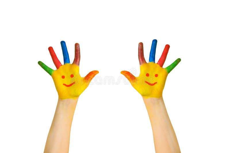 szczęśliwe dzieci Dziecka ` s malował ręki z uśmiechać się twarze
